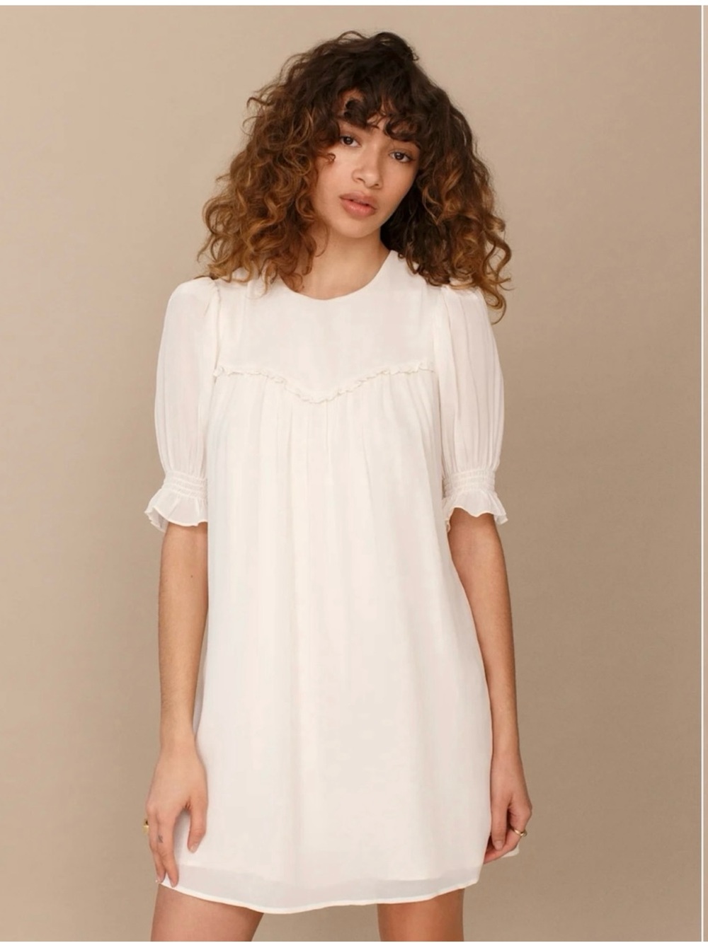 Reformation Mini Dress Women Ivory White Viscos Shift Conrad Puff Sleeve Size 4